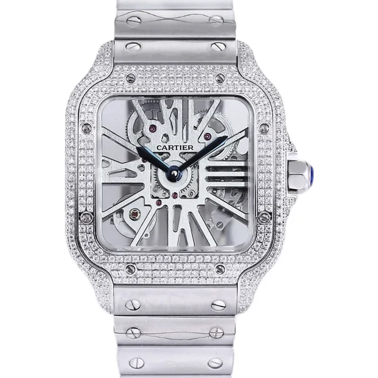 Santos De Cartier Watch Skeleton Dial with Diamond Bezel in Steel