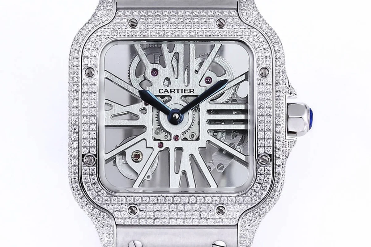 Santos De Cartier Watch Skeleton Dial with Diamond Bezel in Steel