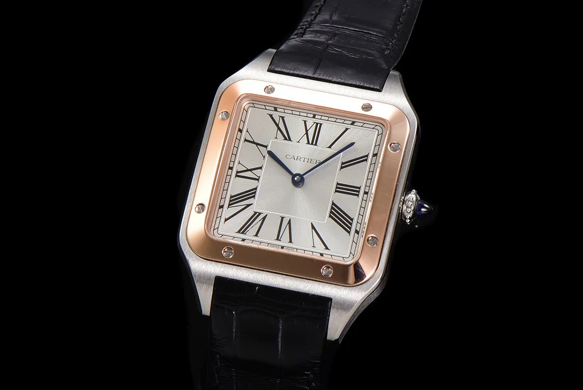 Santos-Dumont (Extra-Large) Silver Dial in Steel/Rose Gold on Black Leather Strap Ref. W2SA0017
