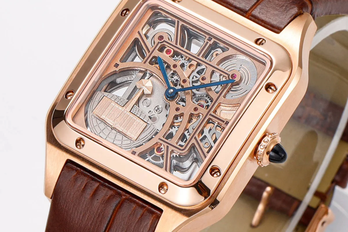 Santos-Dumont (Large) Skeleton Watch in Rose Gold on Brown Leather Strap