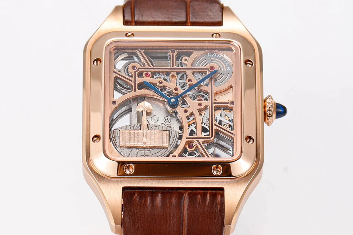 Santos-Dumont (Large) Skeleton Watch in Rose Gold on Brown Leather Strap