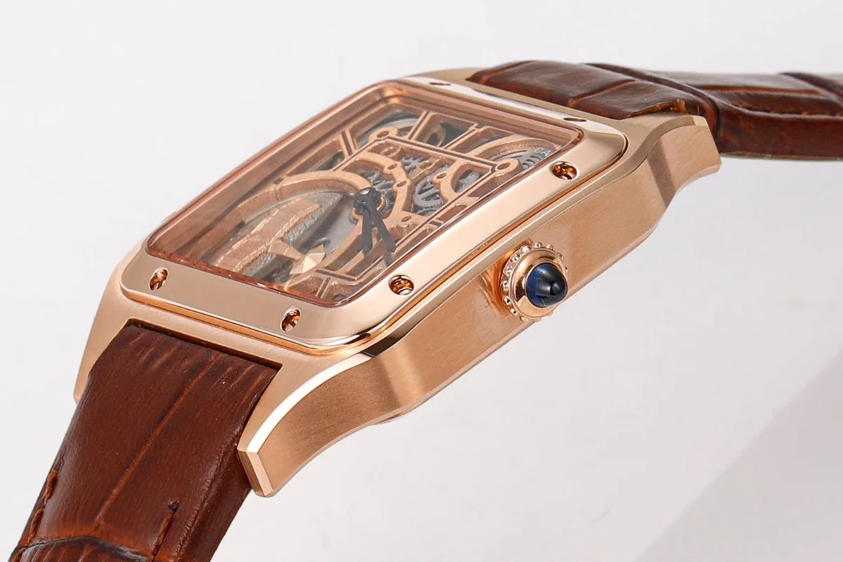 Santos-Dumont (Large) Skeleton Watch in Rose Gold on Brown Leather Strap