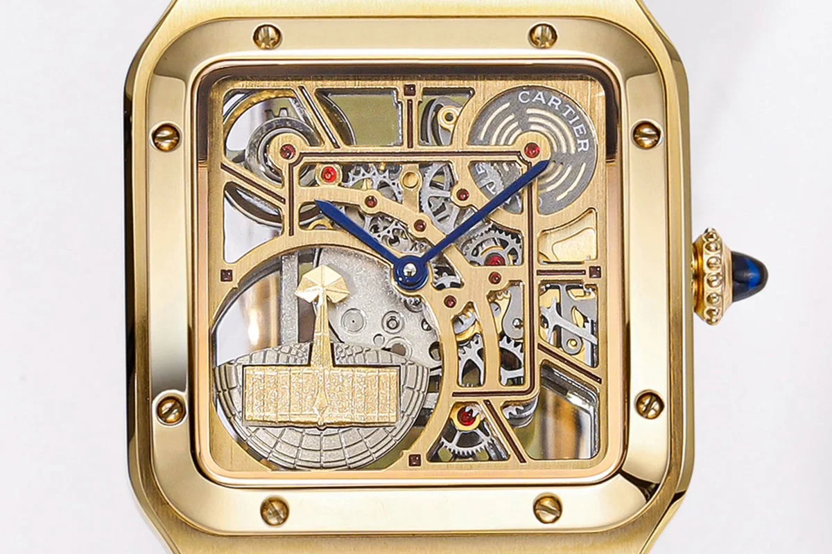 Santos-Dumont (Large) Skeleton Watch in Yellow Gold on Black Leather Strap