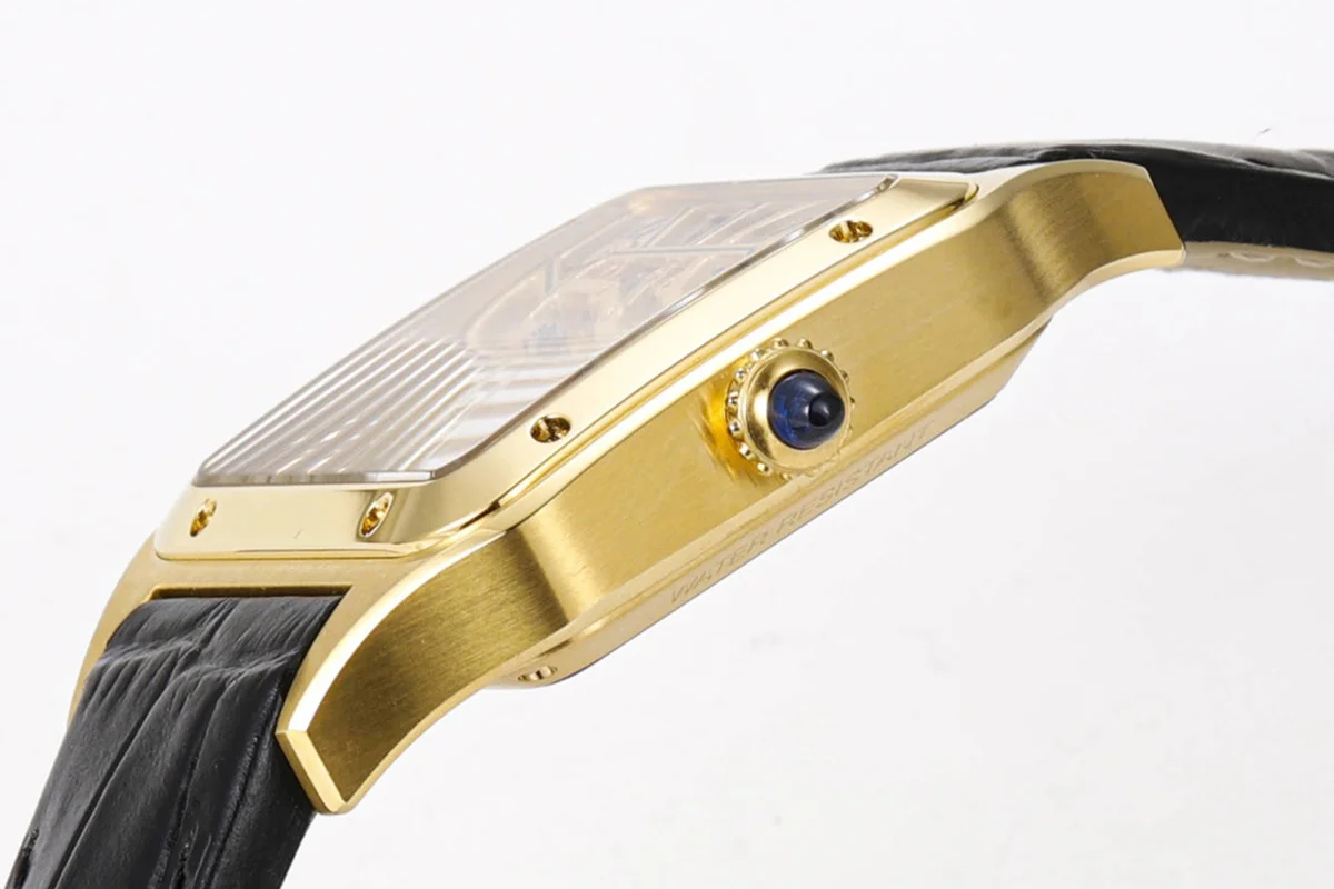 Santos-Dumont (Large) Skeleton Watch in Yellow Gold on Black Leather Strap