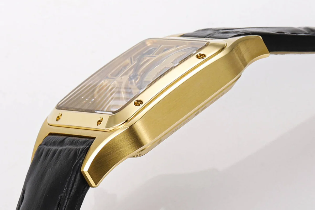 Santos-Dumont (Large) Skeleton Watch in Yellow Gold on Black Leather Strap