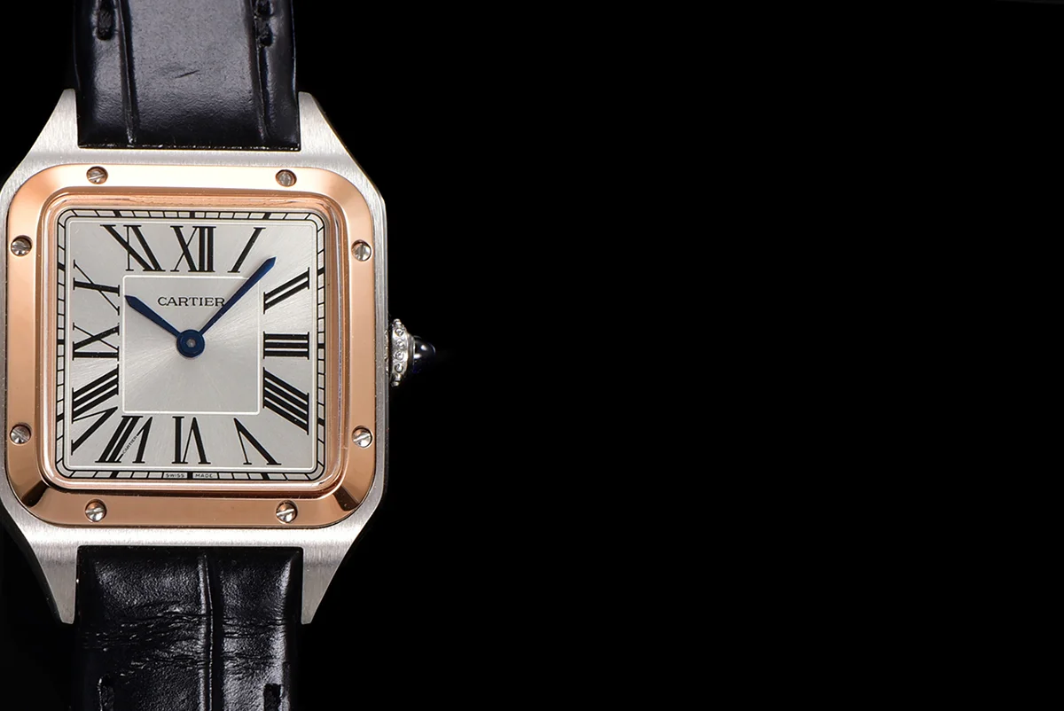 Santos-Dumont (Small) Silver Dial in Steel/Rose Gold on Black Leather Strap Ref. W2SA0012