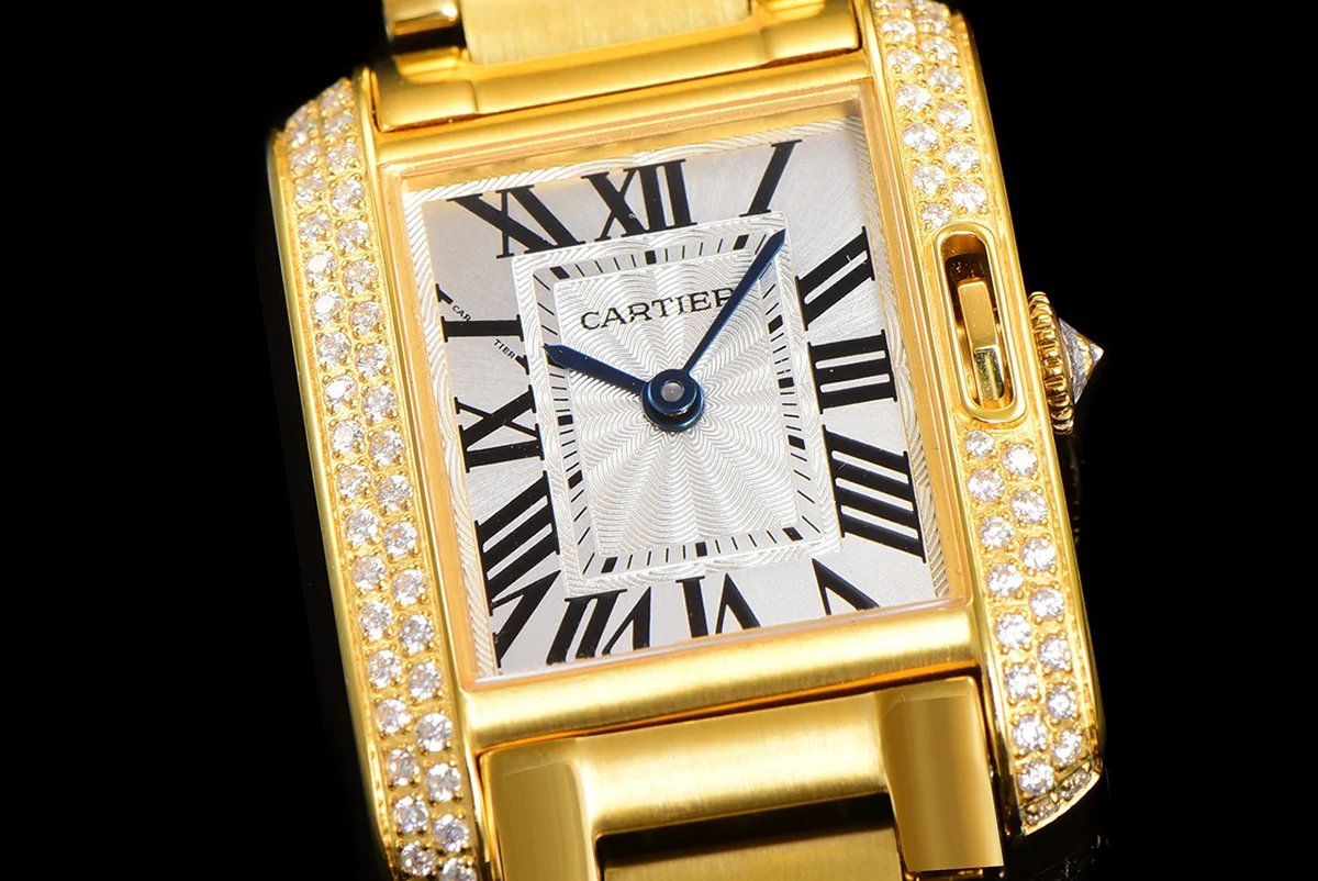 Tank Anglaise 30.2mm White Dial with Diamond Bezel in Yellow Gold