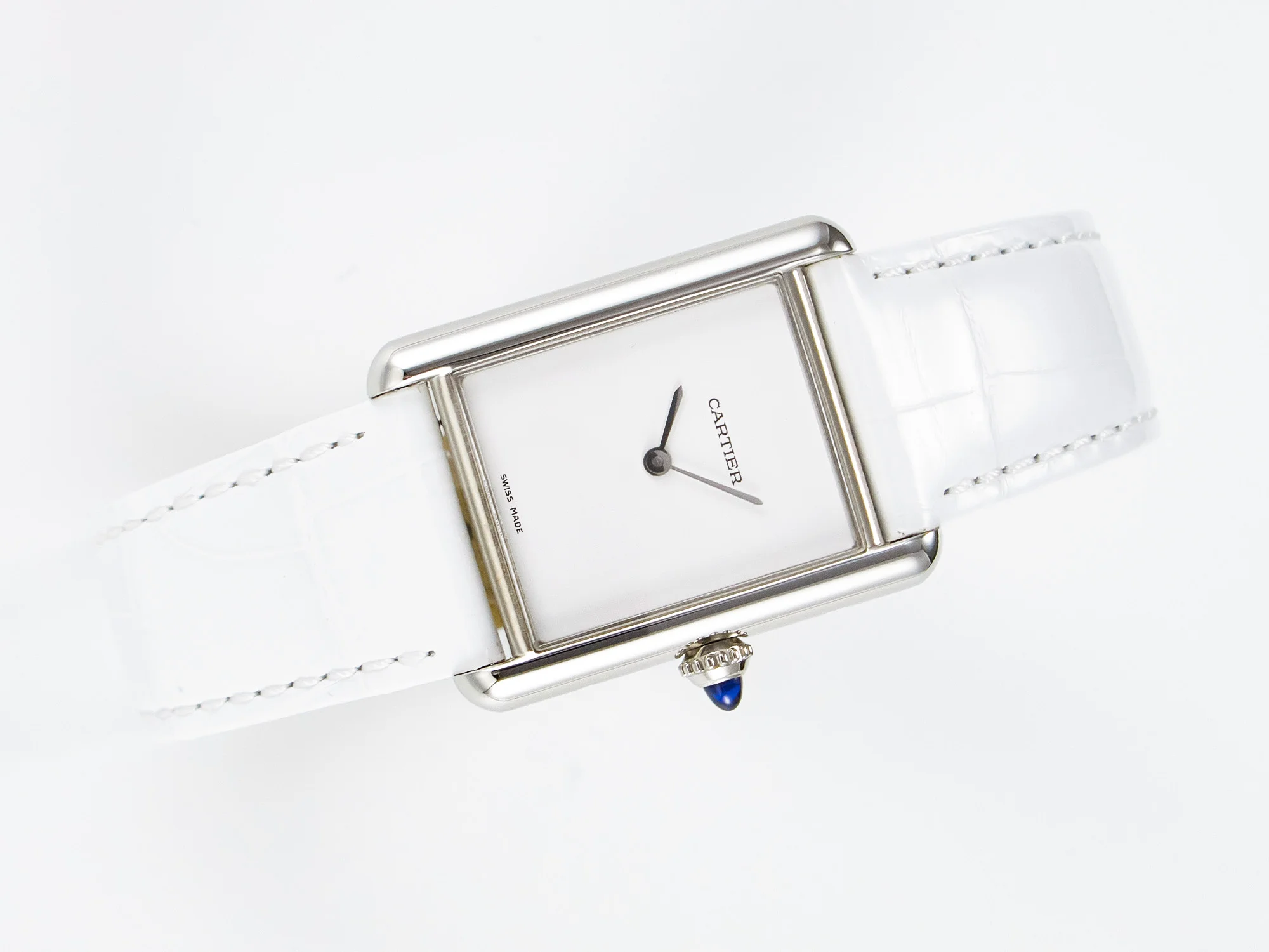 Tank Must Large SS 33.7mm DRF 1:1 Best Edition White Dial on White Leather Strap Swiss Quartz