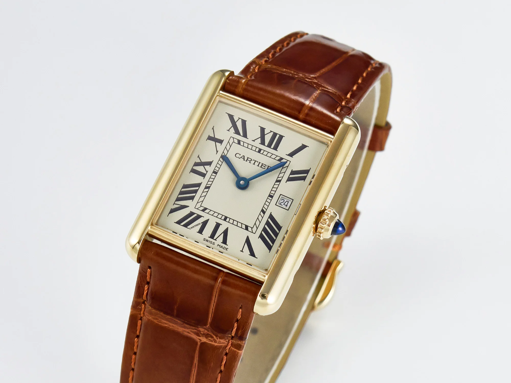 Tank Must Large YG 33.7mm DRF 1:1 Best Edition YG Dial on Brown Leather Strap Swiss Quartz