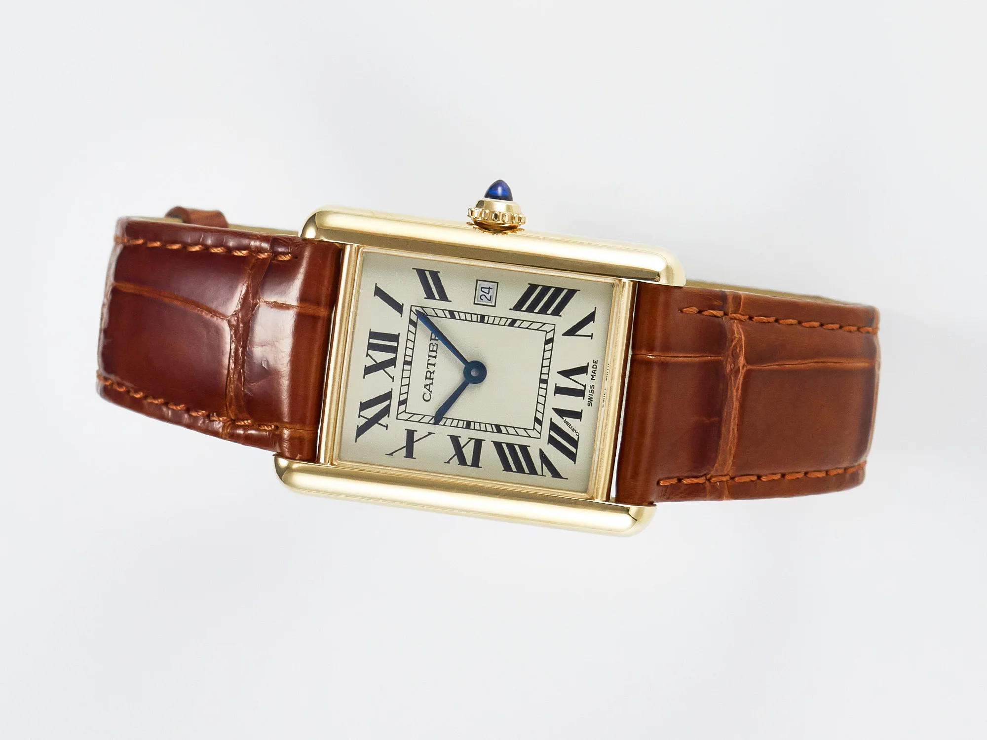 Tank Must Large YG 33.7mm DRF 1:1 Best Edition YG Dial on Brown Leather Strap Swiss Quartz