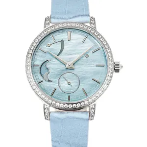 Traditionelle Moon Phase Blue MOP Dial with Diamond Bezel in White Gold on Blue Leather Strap