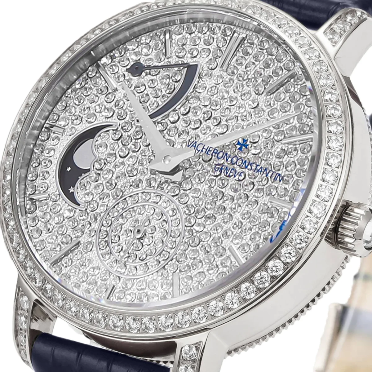 Traditionelle Moon Phase Diamond Paved Dial in White Gold