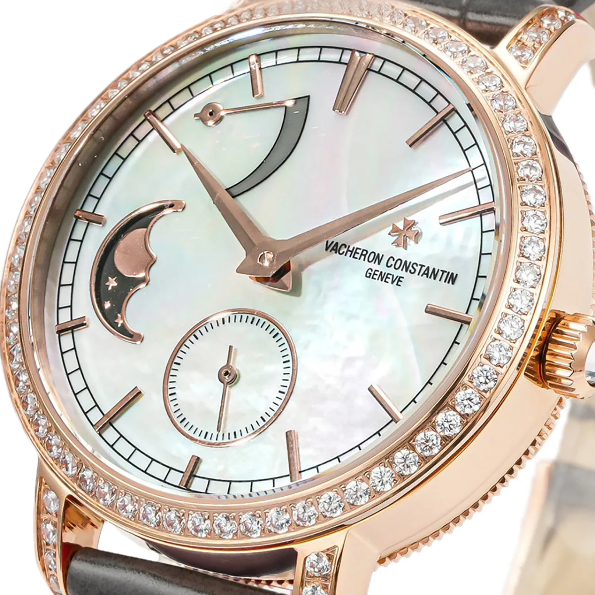 Traditionelle Moon Phase MOP Dial with Diamond Bezel in Pink Gold on Black Leather Strap