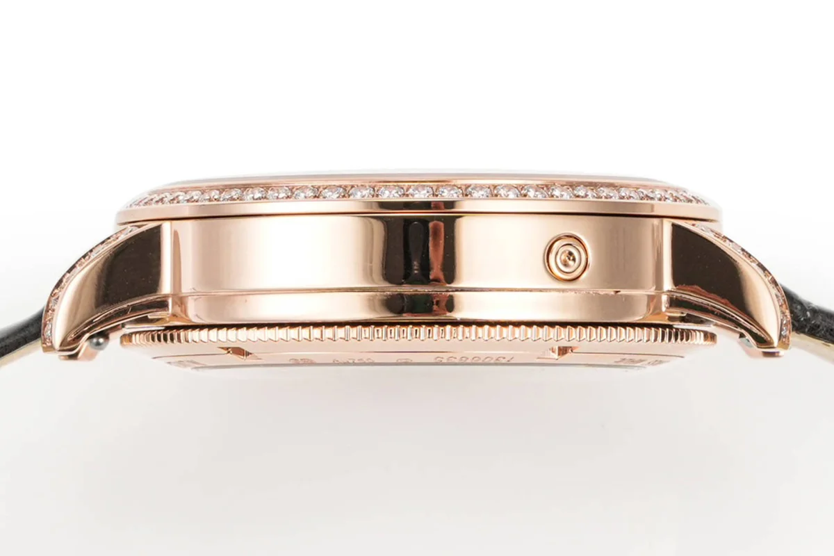 Traditionelle Moon Phase MOP Dial with Diamond Bezel in Pink Gold on Black Leather Strap