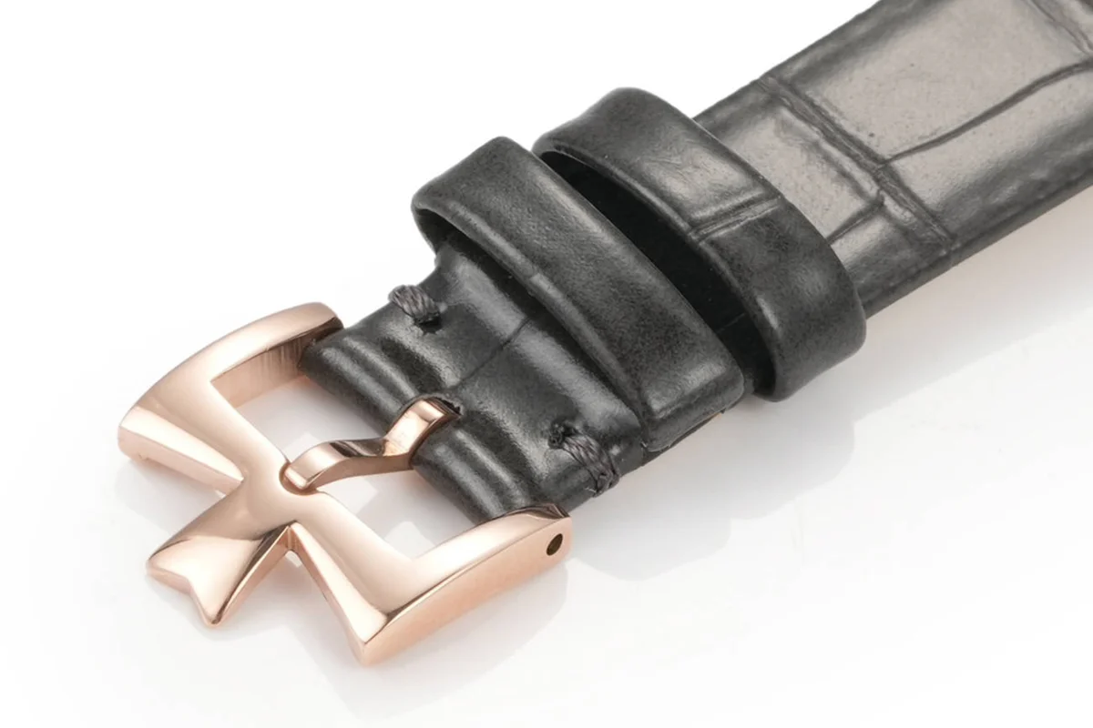 Traditionelle Moon Phase MOP Dial with Diamond Bezel in Pink Gold on Black Leather Strap