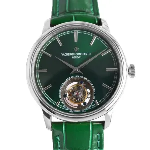 Traditionelle Tourbillon in Steel on Green Leather Strap