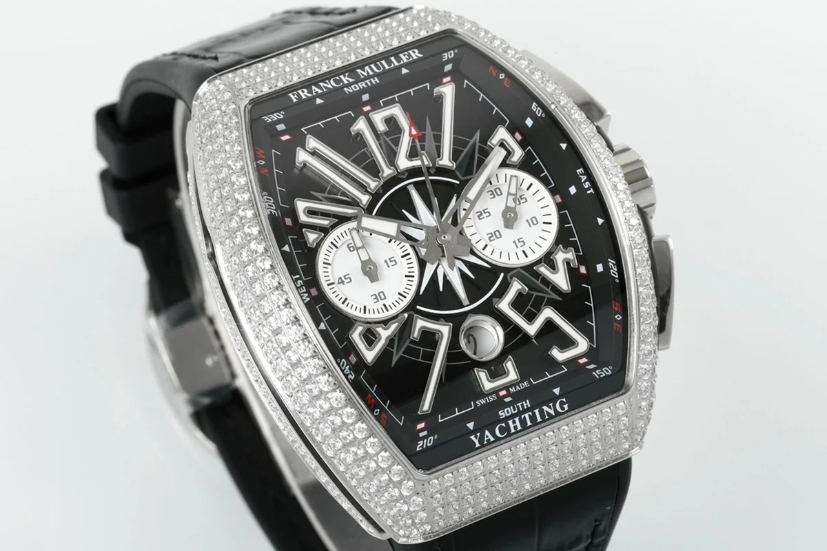Vanguard V45 Chronograph Black/White Dial with White Marker and Diamond Bezel in Steel on Leather Strap