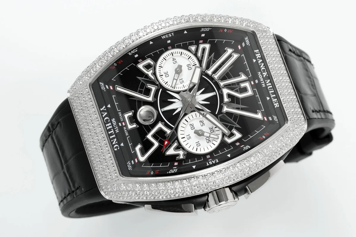 Vanguard V45 Chronograph Black/White Dial with White Marker and Diamond Bezel in Steel on Leather Strap
