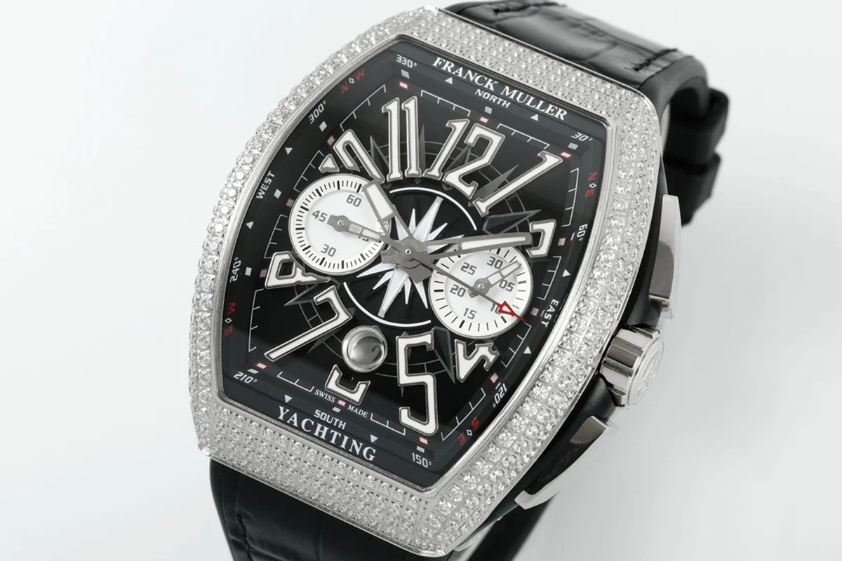 Vanguard V45 Chronograph Black/White Dial with White Marker and Diamond Bezel in Steel on Leather Strap
