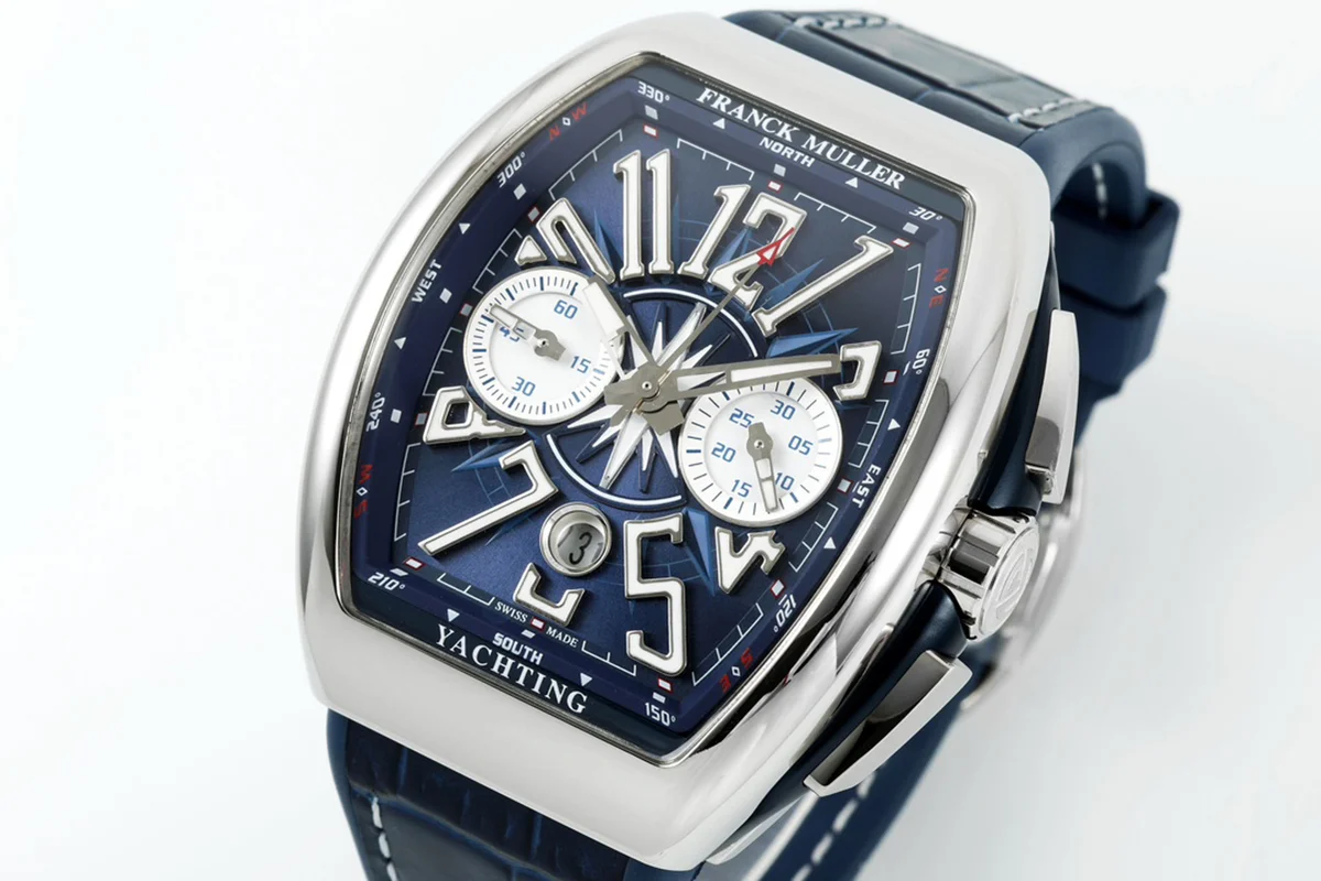 Vanguard V45 Chronograph Blue/White Dial with White Marker in Steel on Leather Strap