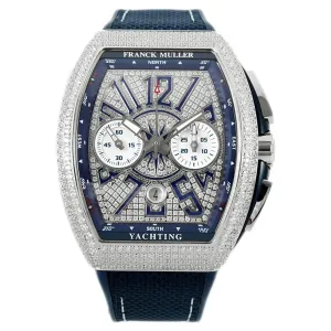 Vanguard V45 Chronograph Diamond/White Dial with Blue Marker and Diamond Bezel in Steel on Leather Strap