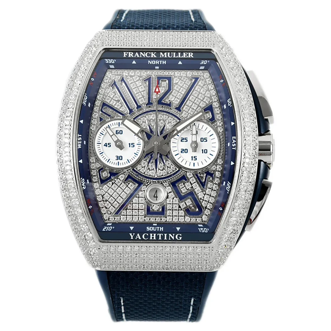 Vanguard V45 Chronograph Diamond/White Dial with Blue Marker and Diamond Bezel in Steel on Leather Strap