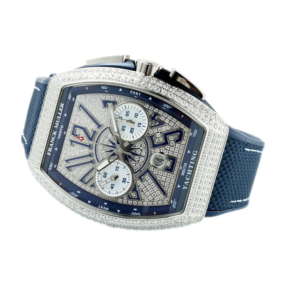 Vanguard V45 Chronograph Diamond/White Dial with Blue Marker and Diamond Bezel in Steel on Leather Strap