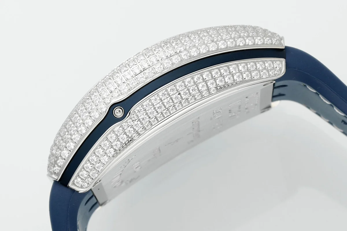 Vanguard V45 Chronograph Diamond/White Dial with Blue Marker and Diamond Bezel in Steel on Leather Strap