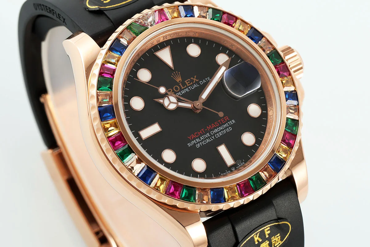Yacht Master 40 Black Dial with Rainbow Diamond Bezel in Rose Gold